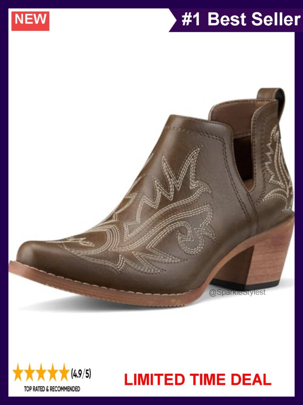 Women's Cowboy Ankle Booties Vegan Leather Square Toe Western Short Boots